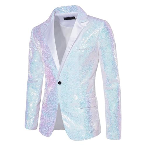 shownicer Herren Pailletten Blazer Jacke Langarm Slim Fit EIN-Knopf Mantel Glitzer Anzug Herrenjacke für Hochzeit Party Formelle A Weiß XS von shownicer