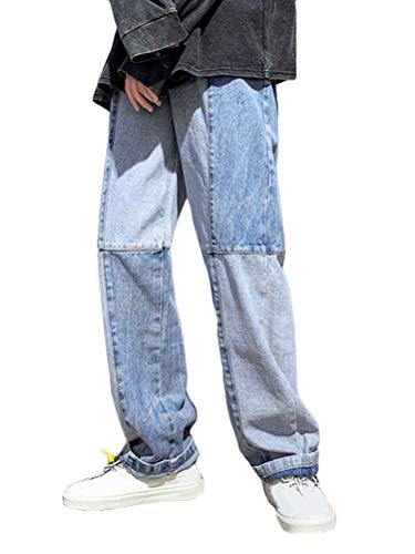 shownicer Herren Patchwork Jeans Casual Relaxed Fit Jeanshose Denim Hosen Y2K Hoch Taillierte Baggy Jeans Hose mit Weitem Bein Distressed Hose mit Geradem Bein Hip Hop Streetwear B Blau M von shownicer