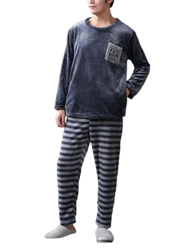 shownicer Herren Pyjama Set Winter Zweiteiliger Männer Fleece Schlafanzug Warm Sleepwear Flannel Hose und Tops Langarm Nachtwäsche A Grau XS von shownicer