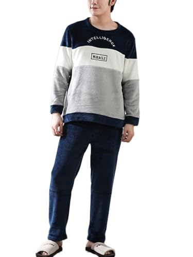 shownicer Herren Pyjama Set Winter Zweiteiliger Männer Fleece Schlafanzug Warm Sleepwear Flannel Hose und Tops Langarm Nachtwäsche I Blau M von shownicer