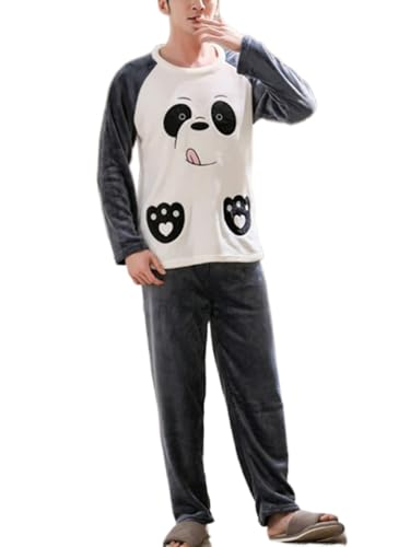 shownicer Herren Pyjama Set Winter Zweiteiliger Männer Fleece Schlafanzug Warm Sleepwear Flannel Hose und Tops Langarm Nachtwäsche X02 Grau M von shownicer