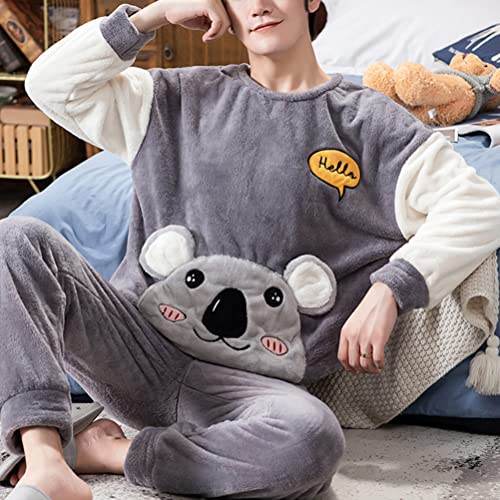 shownicer Herren Pyjama Set Winter Zweiteiliger Männer Fleece Schlafanzug Warm Sleepwear Flannel Hose und Tops Langarm Nachtwäsche X07 Grau XXL von shownicer