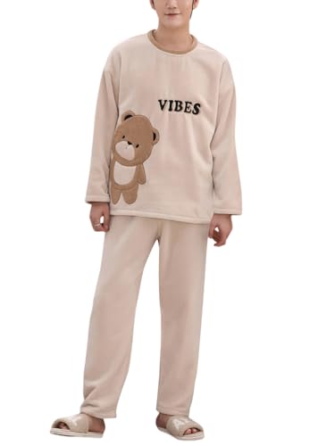 shownicer Herren Pyjama Set Winter Zweiteiliger Männer Fleece Schlafanzug Warm Sleepwear Flannel Hose und Tops Langarm Nachtwäsche X12 Braun XXL von shownicer