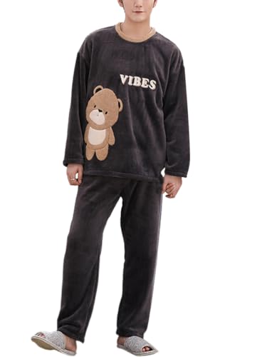 shownicer Herren Pyjama Set Winter Zweiteiliger Männer Fleece Schlafanzug Warm Sleepwear Flannel Hose und Tops Langarm Nachtwäsche X13 Schwarz XL von shownicer
