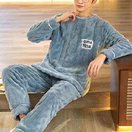 shownicer Herren Pyjama Set Winter Zweiteiliger Männer Fleece Schlafanzug Warm Sleepwear Flannel Hose und Tops Langarm Nachtwäsche X18 Blau XXL von shownicer