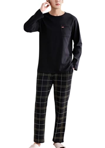 shownicer Herren Schlafanzug Lang Pyjama Set Winter Zweiteilige Pyjamas mit Langarmshirt und Schlafanzughose für Männer Zweiteilig Set Nachtwäsche A Schwarz XS von shownicer