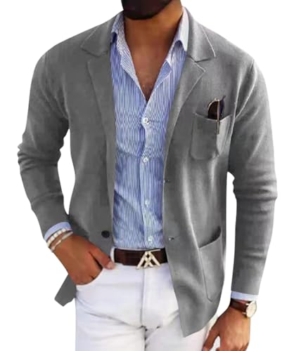 shownicer Herren Sportlich Freizeit Blazer Business Modern Anzugjacke Regular Fit Blazer Freizeit Herrenjacke Revers Sakko Anzugmantel Knopfleiste Strickjacke Übergangsjacke Cardigan A Hellgrau M von shownicer