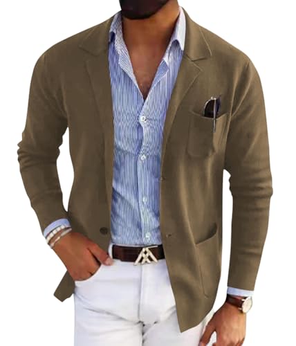 shownicer Herren Sportlich Freizeit Blazer Business Modern Anzugjacke Regular Fit Blazer Freizeit Herrenjacke Revers Sakko Anzugmantel Knopfleiste Strickjacke Übergangsjacke Cardigan A Khaki L von shownicer