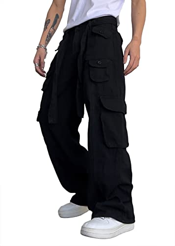 shownicer Herren Straight Wide Leg Loose Casual Cargo Hose Hip Hop Cargohosen Regular Hipster Style Baggy Rap mit Taschen Jogginghose Vintage Sporthose für Männer Streetwear A Schwarz XL von shownicer