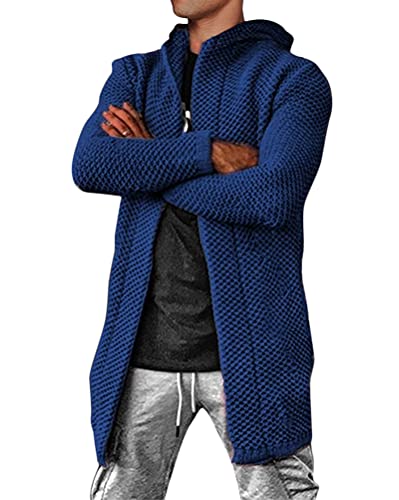 shownicer Herren Strickjacke Lang mit Kapuze Herren Jacke Cardigan Slim Fit Grobstrick Lange Kapuzenjacke Kapuzenpullover Angenehme Übergangsjacke für Männer Blau L von shownicer