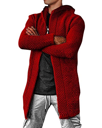 shownicer Herren Strickjacke Lang mit Kapuze Herren Jacke Cardigan Slim Fit Grobstrick Lange Kapuzenjacke Kapuzenpullover Angenehme Übergangsjacke für Männer Rot L von shownicer