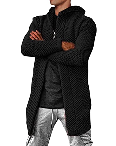 shownicer Herren Strickjacke Lang mit Kapuze Herren Jacke Cardigan Slim Fit Grobstrick Lange Kapuzenjacke Kapuzenpullover Angenehme Übergangsjacke für Männer Schwarz XL von shownicer