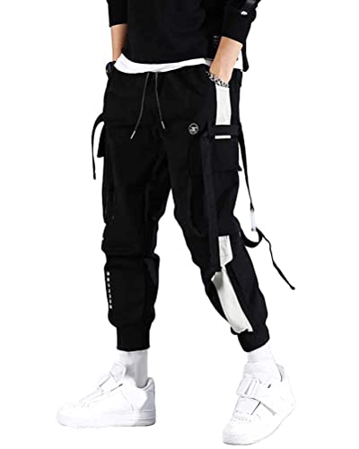 shownicer Herren Techwear Hosen Hip Hop Jogger Cargo Pants Baggy Streetwear Punk Hose mit Taschen Tapered Hosen Schnalle Riemen Sweatpants A Schwarz L von shownicer