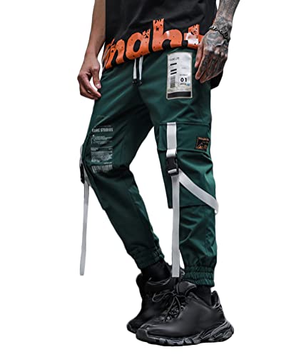 shownicer Herren Techwear Hosen Hip Hop Jogger Cargo Pants Baggy Streetwear Punk Hose mit Taschen Tapered Hosen Schnalle Riemen Sweatpants I Grün M von shownicer