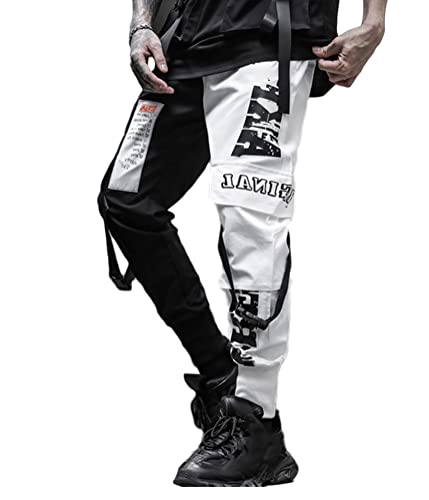 shownicer Herren Techwear Hosen Hip Hop Jogger Cargo Pants Baggy Streetwear Punk Hose mit Taschen Tapered Hosen Schnalle Riemen Sweatpants J Weiß M von shownicer