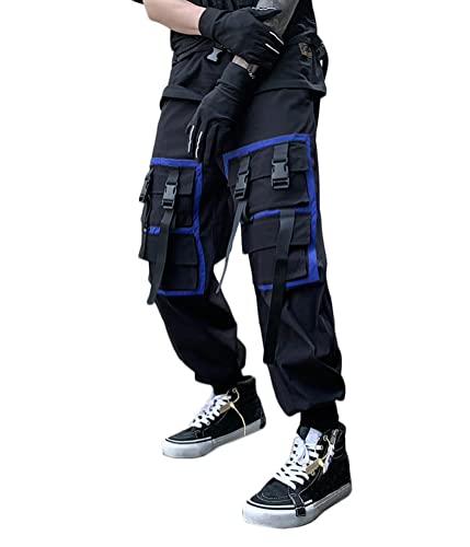 shownicer Herren Techwear Hosen Hip Hop Jogger Cargo Pants Baggy Streetwear Punk Hose mit Taschen Tapered Hosen Schnalle Riemen Sweatpants L Blau XXL von shownicer