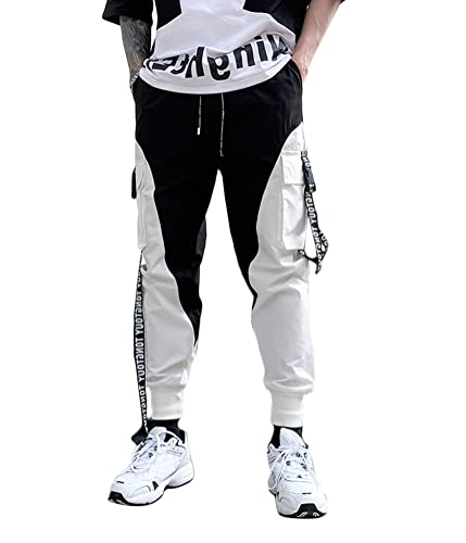 shownicer Herren Techwear Hosen Hip Hop Jogger Cargo Pants Baggy Streetwear Punk Hose mit Taschen Tapered Hosen Schnalle Riemen Sweatpants M Weiß L von shownicer