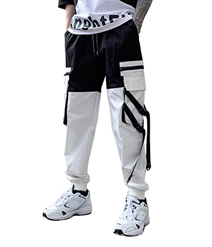 shownicer Herren Techwear Hosen Hip Hop Jogger Cargo Pants Baggy Streetwear Punk Hose mit Taschen Tapered Hosen Schnalle Riemen Sweatpants N Weiß M von shownicer