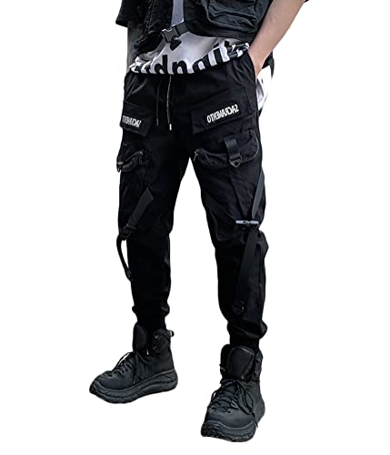 shownicer Herren Techwear Hosen Hip Hop Jogger Cargo Pants Baggy Streetwear Punk Hose mit Taschen Tapered Hosen Schnalle Riemen Sweatpants O Schwarz M von shownicer