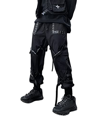 shownicer Herren Techwear Hosen Hip Hop Jogger Cargo Pants Baggy Streetwear Punk Hose mit Taschen Tapered Hosen Schnalle Riemen Sweatpants P Schwarz XXL von shownicer