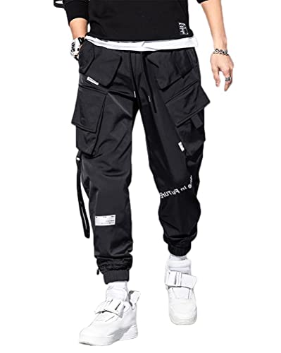 shownicer Herren Techwear Hosen Hip Hop Jogger Cargo Pants Baggy Streetwear Punk Hose mit Taschen Tapered Hosen Schnalle Riemen Sweatpants Y Schwarz M von shownicer