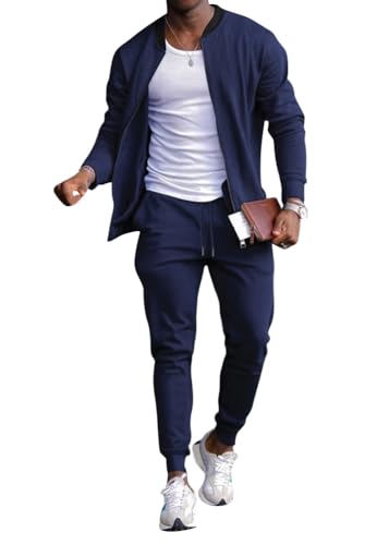 shownicer Herren Trainingsanzug 2 teiler Set Jacke und Hose Jogginganzug Sportanzug Set Zweiteiler Hausanzug Freizeitanzug Sweatjacke und Jogger Tracksuit A Dunkelblau XL von shownicer