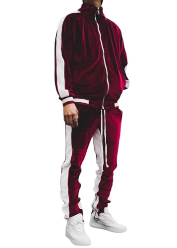 shownicer Herren Trainingsanzug Jogginganzug Sportanzug Samt Sweatjacke Jogginghose Sportanzug Basic Freizeitanzug 2-Teilig Jogginganzug Set Gym Warm Tracksuit A Rot M von shownicer