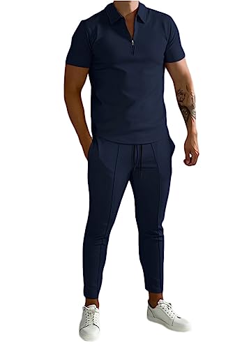 shownicer Herren Trainingsanzug Set 2 Teiliges Outfit Sport Set Sommer Sportanzug Kurzarm T-Shirt + Kurze Hose Sets Freizeitanzug Business Polo Hemd Jogginganzug Zweiteiliges Set A Dunkelblau L von shownicer