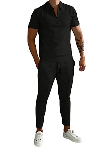 shownicer Herren Trainingsanzug Set 2 Teiliges Outfit Sport Set Sommer Sportanzug Kurzarm T-Shirt + Kurze Hose Sets Freizeitanzug Business Polo Hemd Jogginganzug Zweiteiliges Set A Schwarz L von shownicer