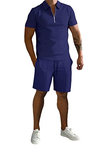 shownicer Herren Trainingsanzug Sommer 2 Teiliges Outfit Sport Kurzarm T-Shirt + Kurze Hose Sets Freizeitanzug Business Polo Hemd mit Halber Reißverschluss Zweiteiliges A Dunkelblau L von shownicer