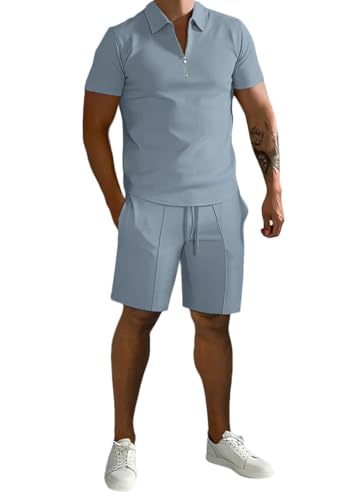 shownicer Herren Trainingsanzug Sommer 2 Teiliges Outfit Sport Kurzarm T-Shirt + Kurze Hose Sets Freizeitanzug Business Polo Hemd mit Halber Reißverschluss Zweiteiliges A Grau L von shownicer
