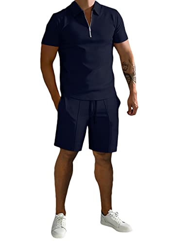 shownicer Herren Trainingsanzug Sommer 2 Teiliges Outfit Sport Kurzarm T-Shirt + Kurze Hose Sets Freizeitanzug Business Polo Hemd mit Halber Reißverschluss Zweiteiliges A Marine L von shownicer