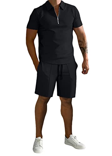 shownicer Herren Trainingsanzug Sommer 2 Teiliges Outfit Sport Kurzarm T-Shirt + Kurze Hose Sets Freizeitanzug Business Polo Hemd mit Halber Reißverschluss Zweiteiliges A Schwarz L von shownicer