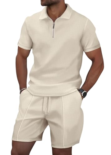 shownicer Herren Trainingsanzug Sommer Outfit 2 Teiler Sportanzug Business Polo Hemd Set Kurzarm T-Shirts + Shorts Sets Zweiteiler Freizeitanzug Jogginganzug Tracksuit A Aprikose M von shownicer