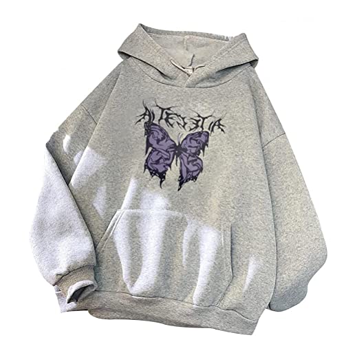 shownicer Hoodie Damen Oversize Herbst Winter Schmetterlingsdruck Kapuzenpullover Pulli Teenager Mädchen Casual Langarm Sweatshirt mit Kapuze Warme Pullover Sportbekleidung A Grau XXL von shownicer