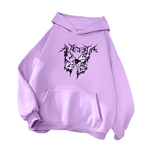 shownicer Hoodie Damen Oversize Herbst Winter Schmetterlingsdruck Kapuzenpullover Pulli Teenager Mädchen Casual Langarm Sweatshirt mit Kapuze Warme Pullover Sportbekleidung A Violett M von shownicer