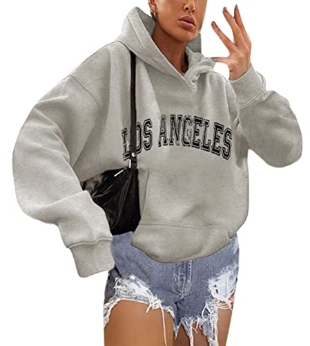 shownicer Hoodie Damen Oversize Kapuzenpullover Herbst Winter Briefe Drucken Sweatshirt Lose Casual Langarm Pullover mit Kapuze Sport Outerwear Teenager Mädchen Sportbekleidung B Grau S von shownicer