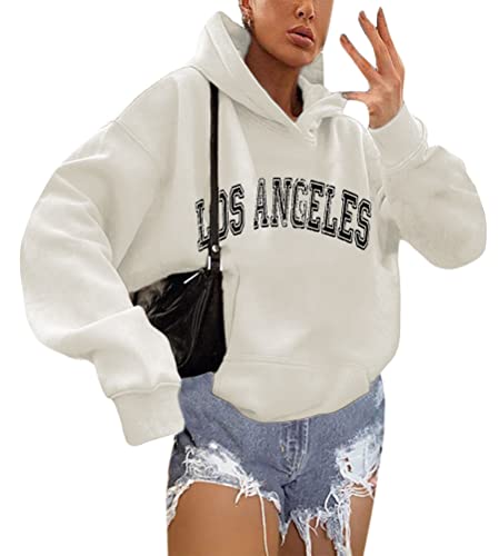 shownicer Hoodie Damen Oversize Kapuzenpullover Herbst Winter Briefe Drucken Sweatshirt Lose Casual Langarm Pullover mit Kapuze Sport Outerwear Teenager Mädchen Sportbekleidung B Weiß XS von shownicer