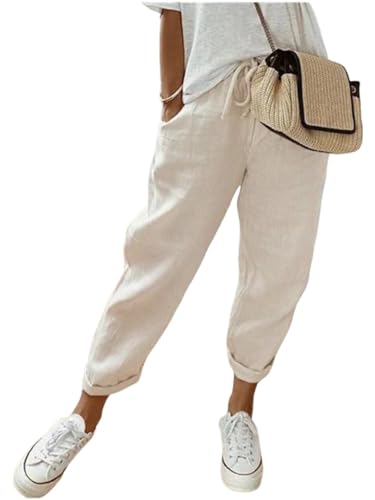 shownicer Hose Damen Sommer Casual Baumwolle Leinen Stoffhose Einfarbig Freizeithose Strandhose Leicht Stretch Leinenhose Straight Leg Hose und Taschen A Beige XS von shownicer