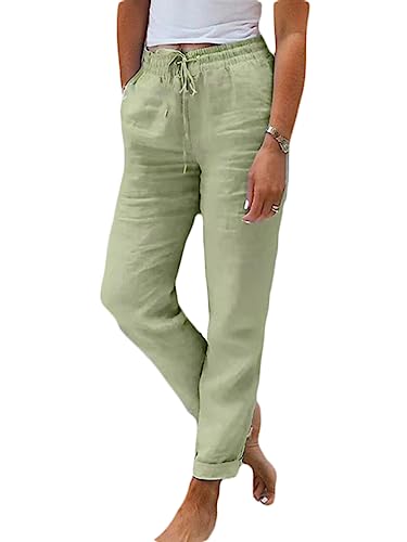 shownicer Hose Damen Sommer Leinenhose Casual Baumwolle Leinen Stoffhose Einfarbig Freizeithose Stretch Leicht Leinenhose Strandhose Straight Leg Hose und Taschen A Grün S von shownicer