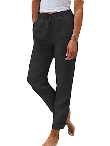 shownicer Hose Damen Sommer Leinenhose Casual Baumwolle Leinen Stoffhose Einfarbig Freizeithose Stretch Leicht Leinenhose Strandhose Straight Leg Hose und Taschen A Schwarz S von shownicer