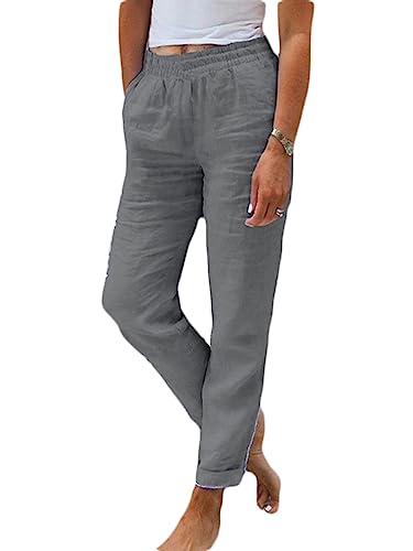 shownicer Hose Damen Sommer Leinenhose Casual Baumwolle Leinen Stoffhose Einfarbig Freizeithose Stretch Leicht Leinenhose Strandhose Straight Leg Hose und Taschen B Grau L von shownicer