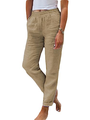 shownicer Hose Damen Sommer Leinenhose Casual Baumwolle Leinen Stoffhose Einfarbig Freizeithose Stretch Leicht Leinenhose Strandhose Straight Leg Hose und Taschen B Khaki XS von shownicer