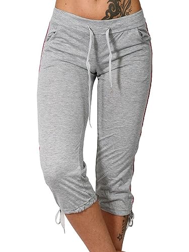 shownicer Hosen Damen Freizeithose 3/4 Hose Sommer Einfarbig Loose Bequeme Pants Mit Tunnelzug High Waisted Hose mit Taschen C Grau L von shownicer