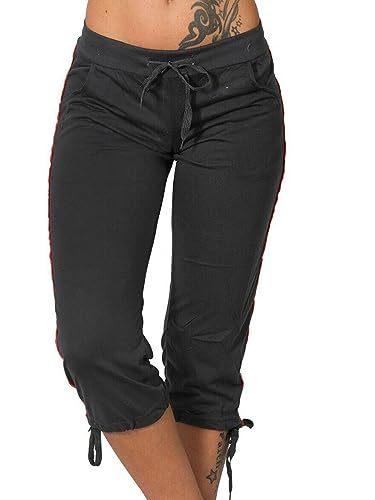 shownicer Hosen Damen Freizeithose 3/4 Hose Sommer Einfarbig Loose Bequeme Pants Mit Tunnelzug High Waisted Hose mit Taschen C Schwarz L von shownicer