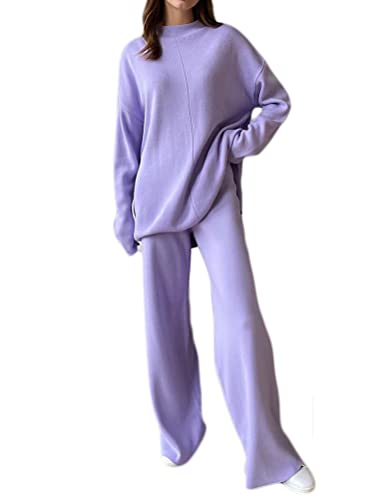 shownicer Hosenanzug Damen 2 Stück Strickanzug aus Langarm Strickpullover Lange Hose Zweiteilige Beiläufig Outfit Freizeitanzug Sportanzug Loungewear Set Einfarbig Gestrickt Streetwear A Violett M von shownicer