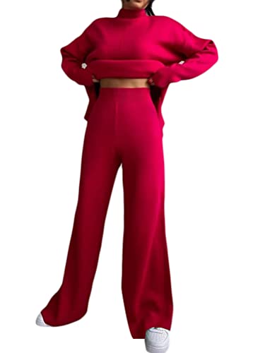 shownicer Hosenanzug Damen 2 Stück Strickanzug aus Langarm Strickpullover Und Lange Hose Zweiteilige Beiläufig Outfit Freizeitanzug Sportanzug Loungewear Set Einfarbig Gestrickt Streetwear A Rot XXL von shownicer