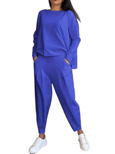 shownicer Hosenanzug Damen 2-Teiliges Set Casual Langarm Sweatshirt und Hose Set Einfarbig Zweiteiler Outfit Herbst Winter Sportanzug Freizeitanzug A Blau XL von shownicer