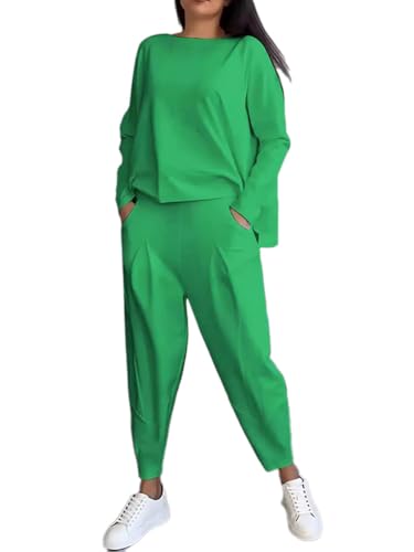 shownicer Hosenanzug Damen 2-Teiliges Set Casual Langarm Sweatshirt und Hose Set Einfarbig Zweiteiler Outfit Herbst Winter Sportanzug Freizeitanzug A Grün XXL von shownicer
