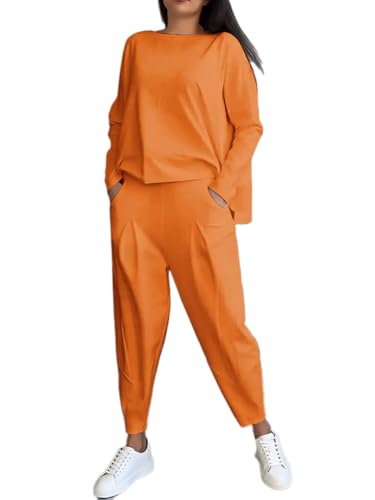 shownicer Hosenanzug Damen 2-Teiliges Set Casual Langarm Sweatshirt und Hose Set Einfarbig Zweiteiler Outfit Herbst Winter Sportanzug Freizeitanzug A Orange XL von shownicer